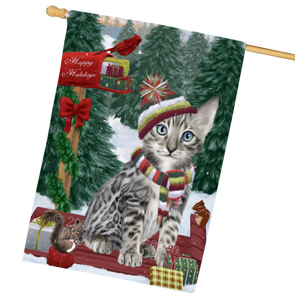 Christmas Woodland Sled Bengal Cat House Flag Outdoor Decorative Double Sided Pet Portrait Weather Resistant Premium Quality Animal Printed Home Decorative Flags 100% Polyester FLG69550