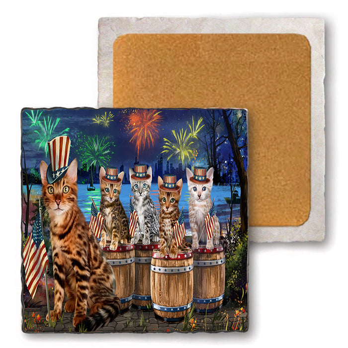 4th of July Independence Day Firework Bengal Cats Set of 4 Natural Stone Marble Tile Coasters MCST49107