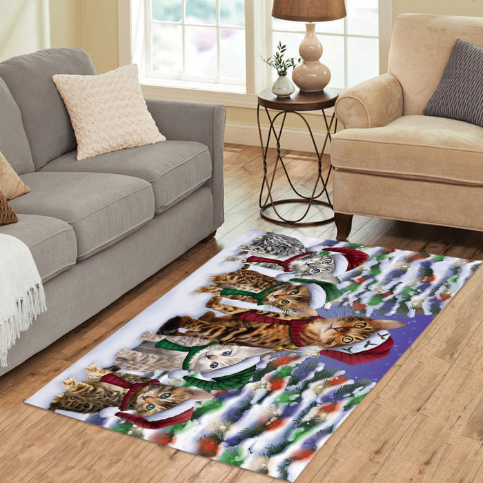 Bengal Cats Christmas Family Portrait in Holiday Scenic Background Area Rug