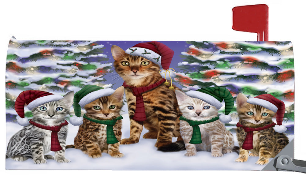 Magnetic Mailbox Cover Bengal Cats Christmas Family Portrait in Holiday Scenic Background MBC48197