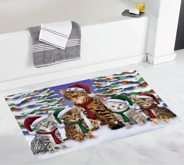 Bengal Cats Christmas Family Portrait in Holiday Scenic Background Bath Mat