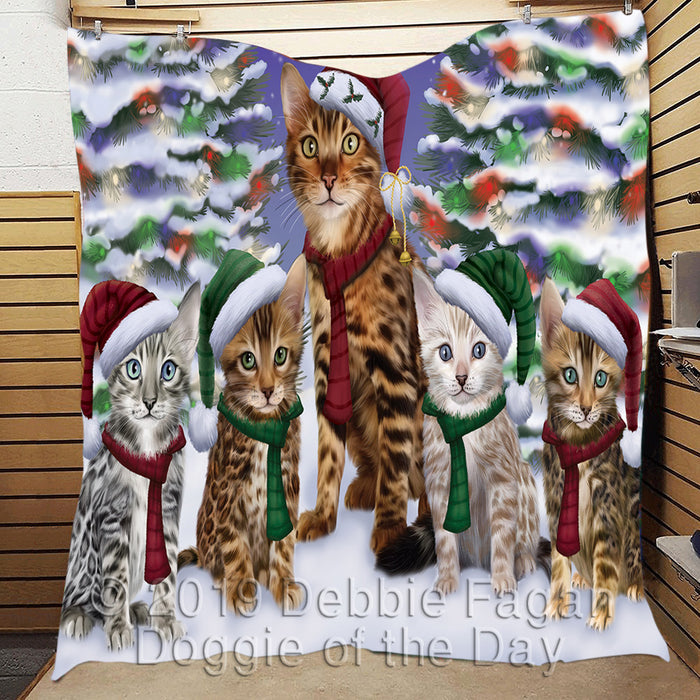 Bengal Cats Christmas Family Portrait in Holiday Scenic Background Quilt