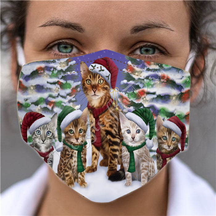 Bengal Cats Christmas Family Portrait in Holiday Scenic Background Face Mask FM48316