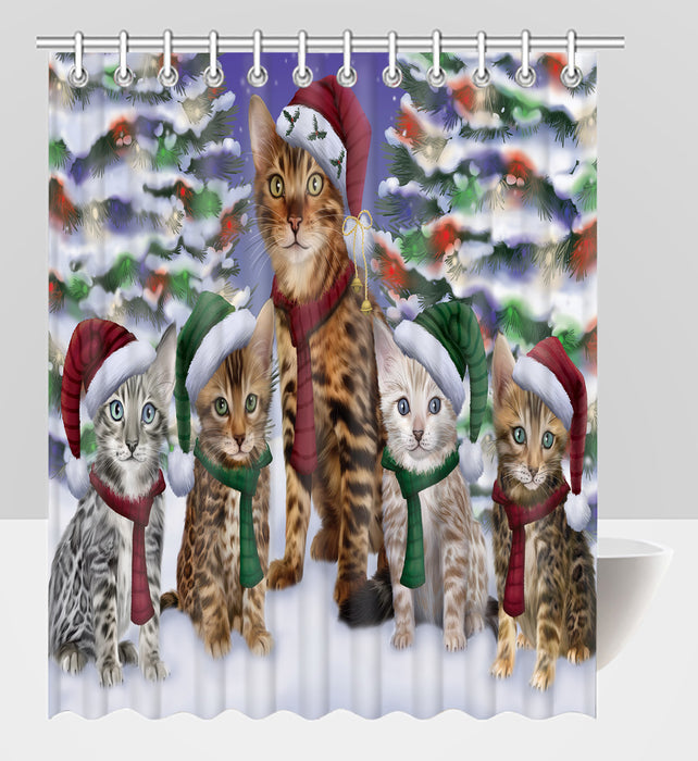 Bengal Cats Christmas Family Portrait in Holiday Scenic Background Shower Curtain