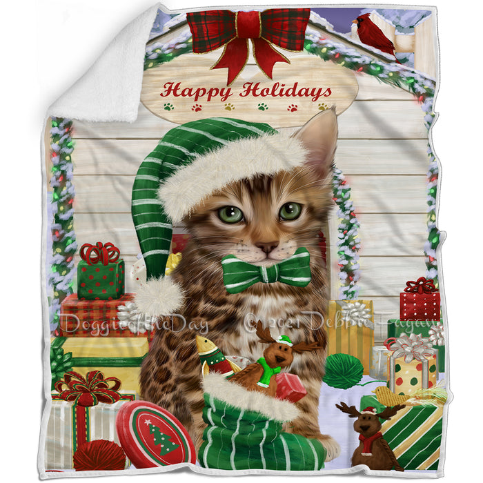 Happy Holidays Christmas Bengal Cat House with Presents Blanket BLNKT142045