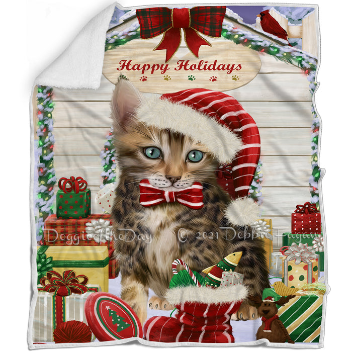 Happy Holidays Christmas Bengal Cat House with Presents Blanket BLNKT142047