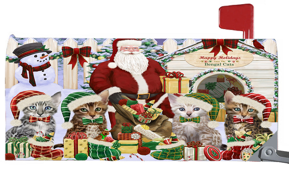 Happy Holidays Christmas Bengal Cats House Gathering 6.5 x 19 Inches Magnetic Mailbox Cover Post Box Cover Wraps Garden Yard Décor MBC48787