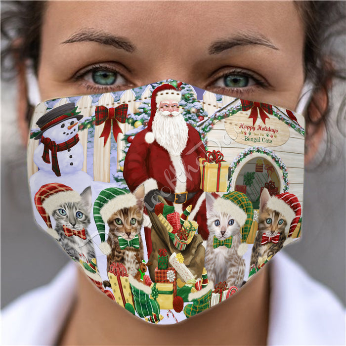Happy Holidays Christmas Bengal Cats House Gathering Face Mask FM48219