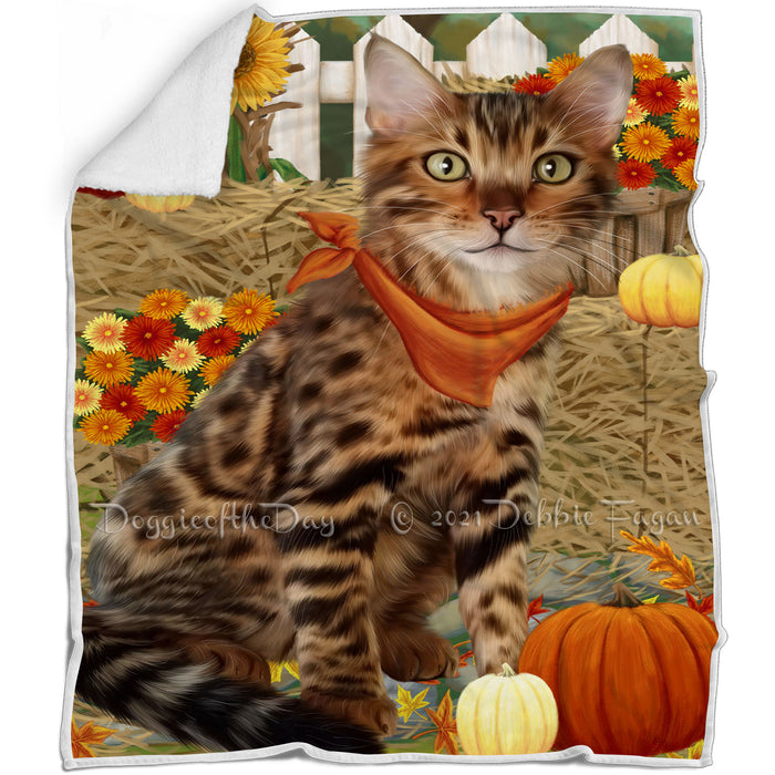 Fall Autumn Greeting Bengal Cat with Pumpkins Blanket BLNKT87024