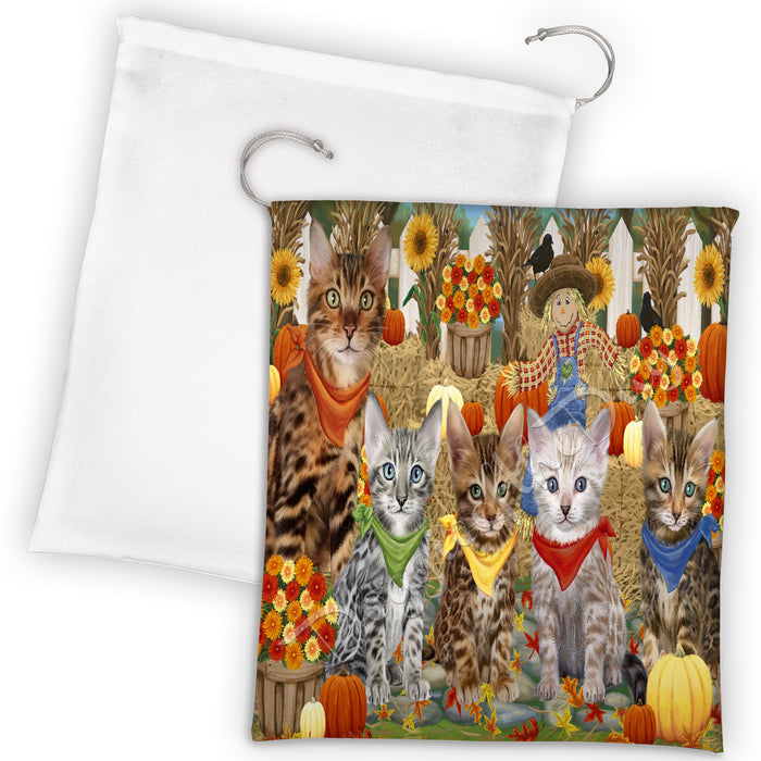 Fall Festive Harvest Time Gathering Bengal Cats Drawstring Laundry or Gift Bag LGB48375