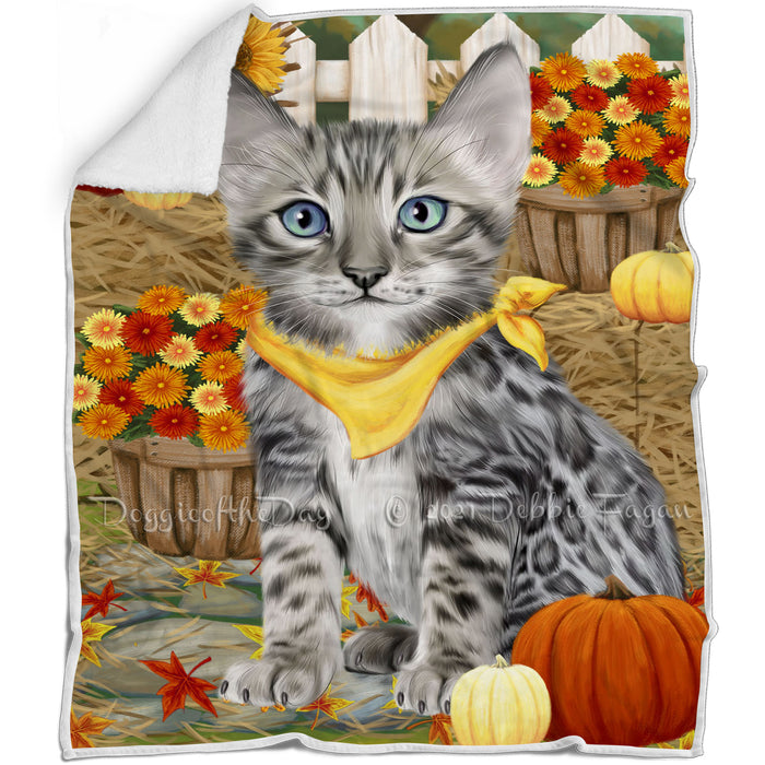 Fall Autumn Greeting Bengal Cat with Pumpkins Blanket BLNKT87033