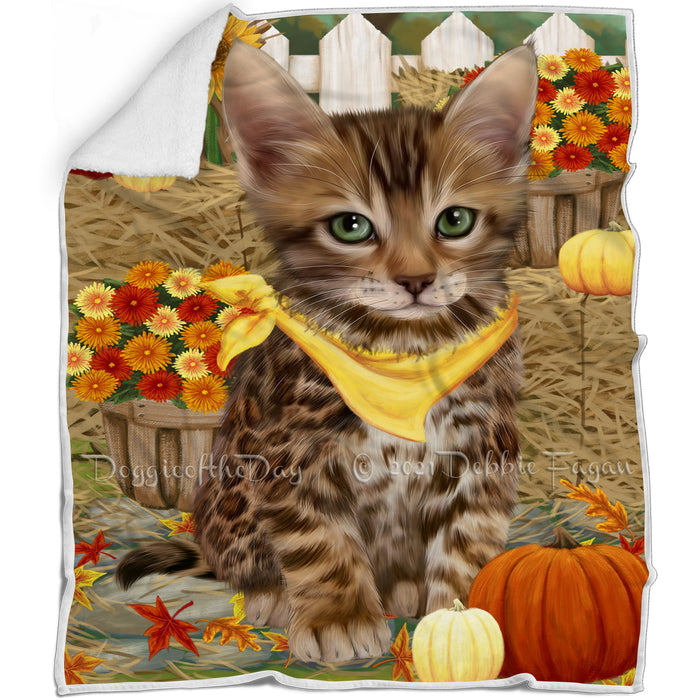 Fall Autumn Greeting Bengal Cat with Pumpkins Blanket BLNKT87042