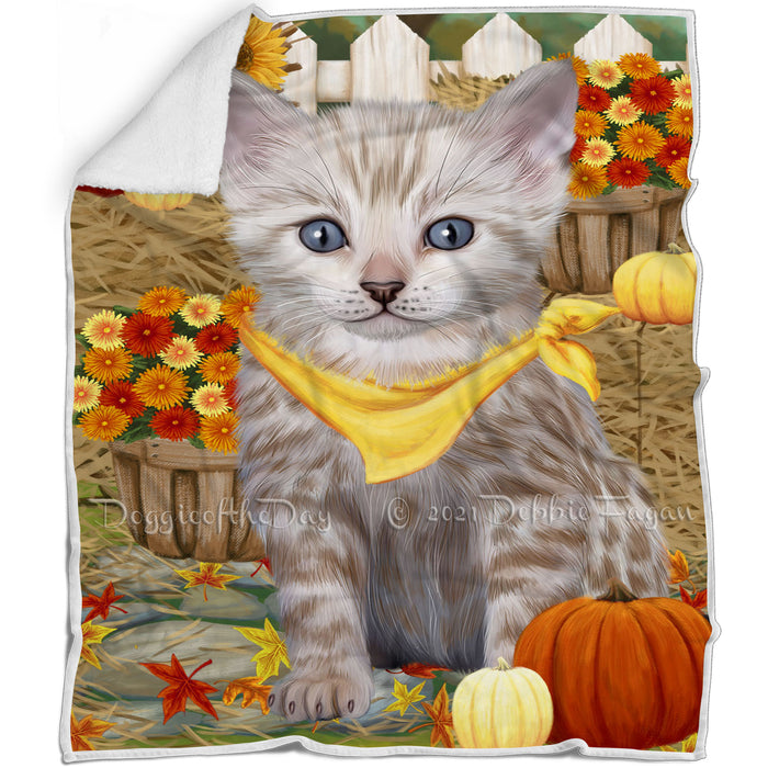 Fall Autumn Greeting Bengal Cat with Pumpkins Blanket BLNKT87051