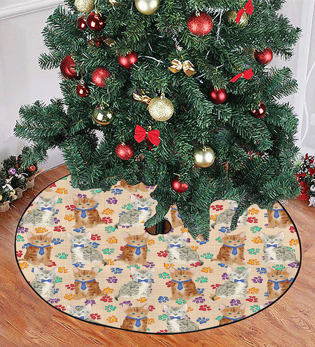 Rainbow Paw Print Bengal Cats Blue Christmas Tree Skirt