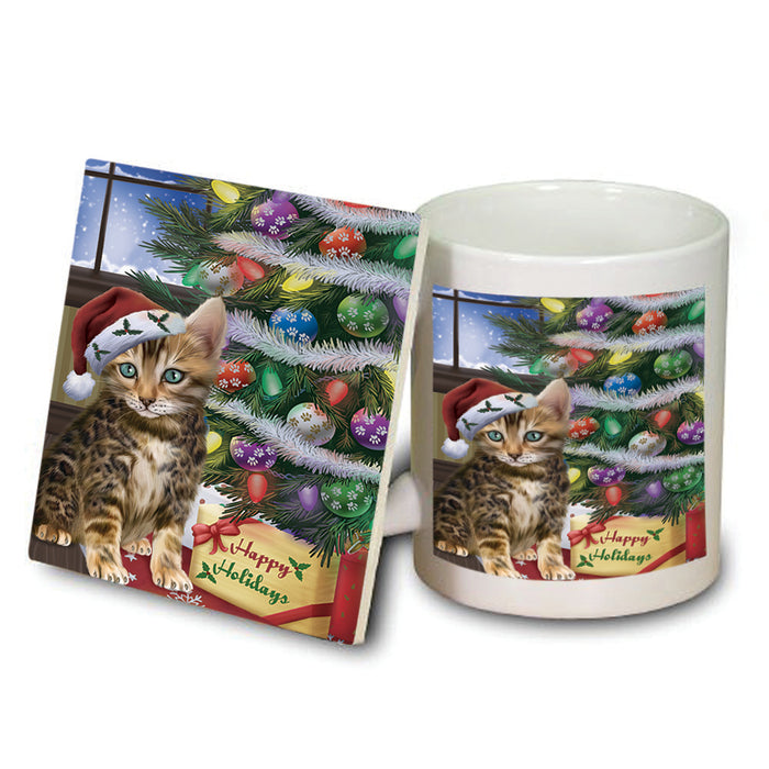 Christmas Happy Holidays Bengal Cat with Tree and Presents Mug and Coaster Set MUC53432