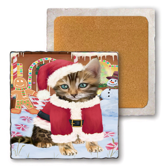 Christmas Gingerbread House Candyfest Bengal Cat Dog Set of 4 Natural Stone Marble Tile Coasters MCST51173