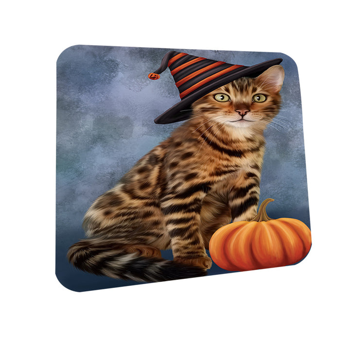 Happy Halloween Bengal Cat Wearing Witch Hat with Pumpkin Coasters Set of 4 CST54672