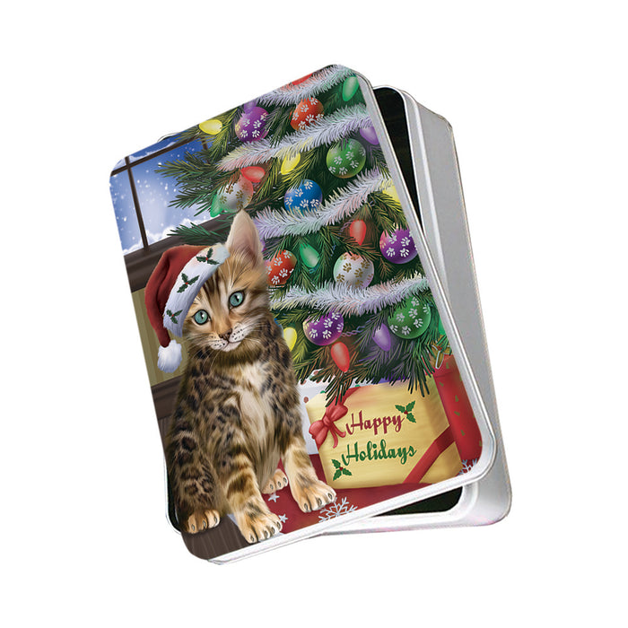 Christmas Happy Holidays Bengal Cat with Tree and Presents Photo Storage Tin PITN53440