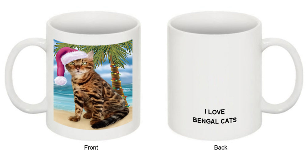 Summertime Happy Holidays Christmas Bengal Cat on Tropical Island Beach Coffee Mug MUG49804