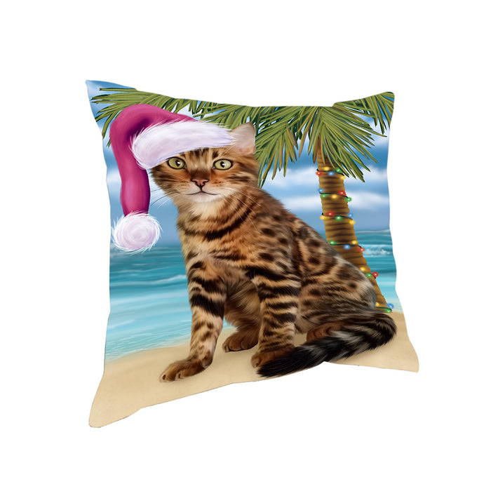 Summertime Happy Holidays Christmas Bengal Cat on Tropical Island Beach Pillow PIL74760