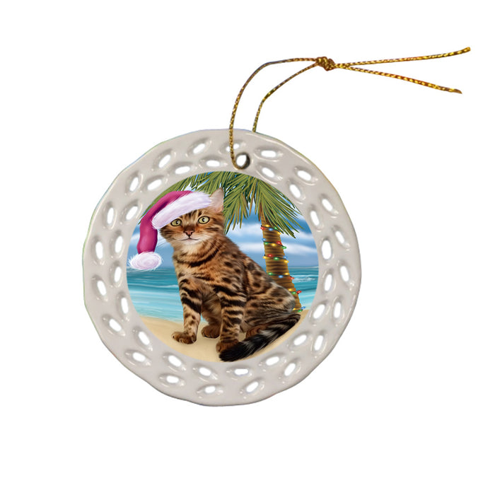 Summertime Happy Holidays Christmas Bengal Cat on Tropical Island Beach Ceramic Doily Ornament DPOR54534