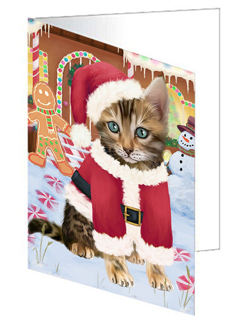 Christmas Gingerbread House Candyfest Bengal Cat Dog Handmade Artwork Assorted Pets Greeting Cards and Note Cards with Envelopes for All Occasions and Holiday Seasons GCD73034