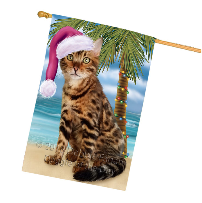 Summertime Happy Holidays Christmas Bengal Cat on Tropical Island Beach House Flag FLG54732