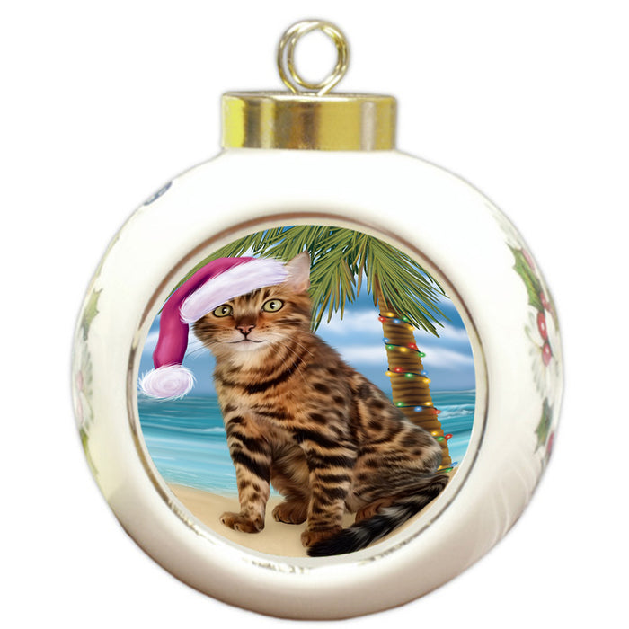 Summertime Happy Holidays Christmas Bengal Cat on Tropical Island Beach Round Ball Christmas Ornament RBPOR54534