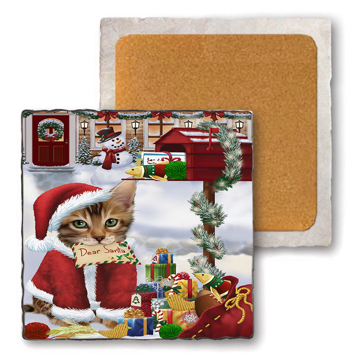 Bengal Cat Dear Santa Letter Christmas Holiday Mailbox Set of 4 Natural Stone Marble Tile Coasters MCST48521