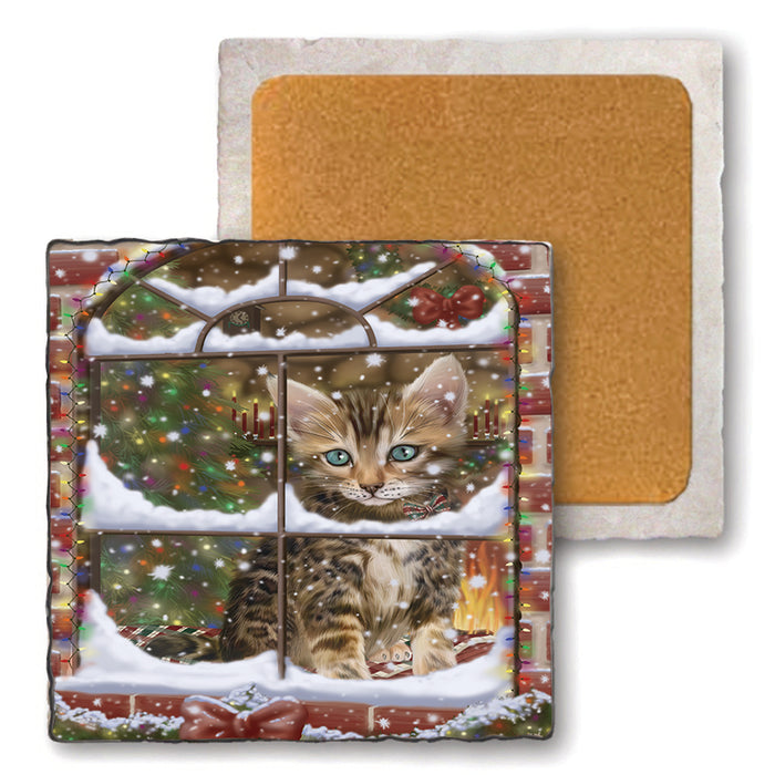 Please Come Home For Christmas Bengal Cat Sitting In Window Set of 4 Natural Stone Marble Tile Coasters MCST48614