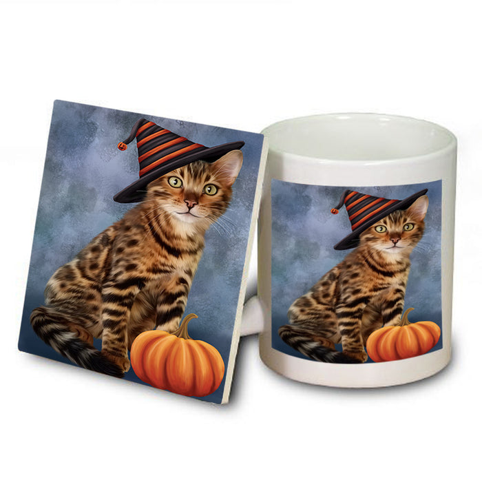 Happy Halloween Bengal Cat Wearing Witch Hat with Pumpkin Mug and Coaster Set MUC54706