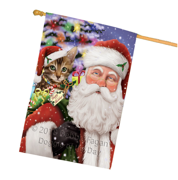 Santa Carrying Bengal Cat and Christmas Presents House Flag FLG53869