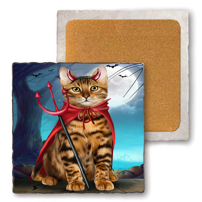 Happy Halloween Trick or Treat Bengal Cat Set of 4 Natural Stone Marble Tile Coasters MCST49496