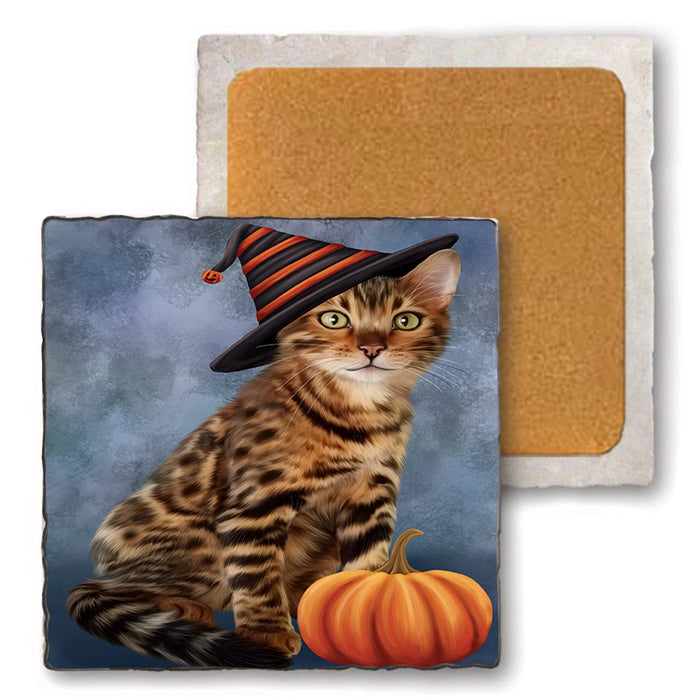 Happy Halloween Bengal Cat Wearing Witch Hat with Pumpkin Set of 4 Natural Stone Marble Tile Coasters MCST49714
