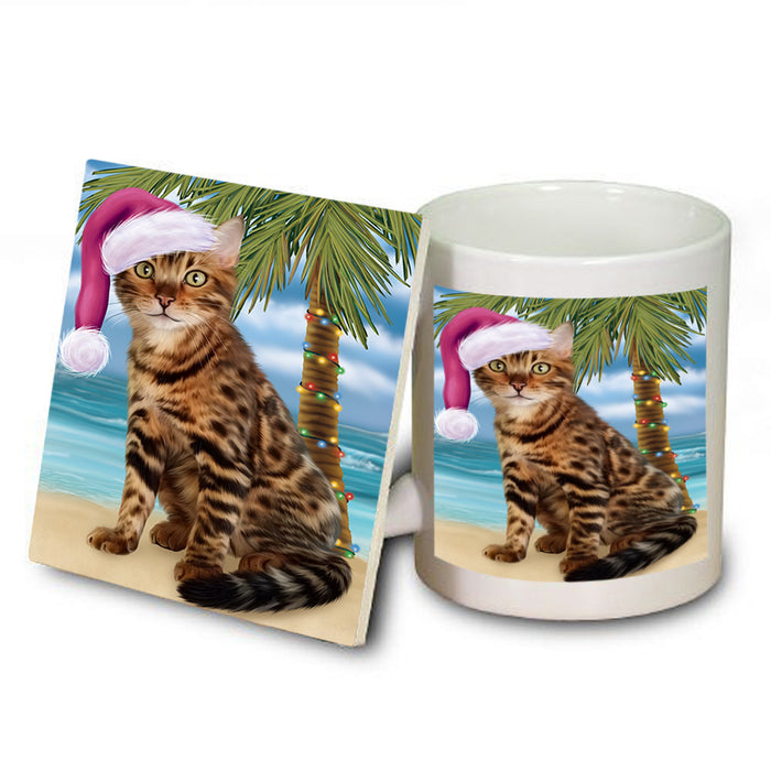 Summertime Happy Holidays Christmas Bengal Cat on Tropical Island Beach Mug and Coaster Set MUC54398