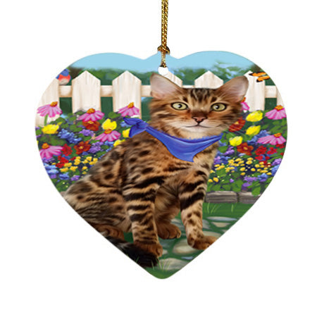 Spring Floral Bengal Cat Heart Christmas Ornament HPOR52233