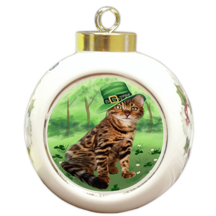 St. Patricks Day Irish Portrait Bengal Cat Round Ball Christmas Ornament RBPOR58104