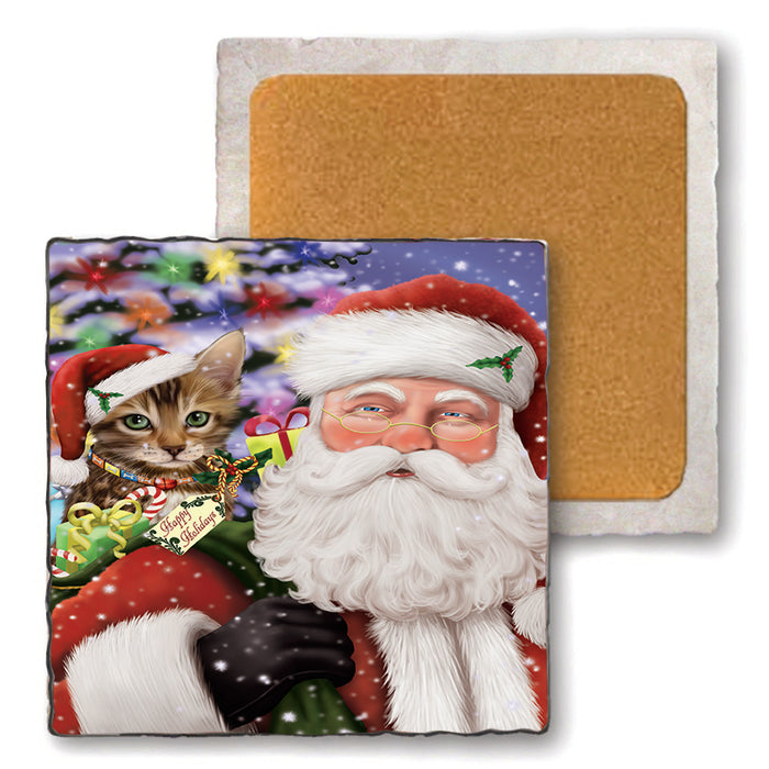 Santa Carrying Bengal Cat and Christmas Presents Set of 4 Natural Stone Marble Tile Coasters MCST48671