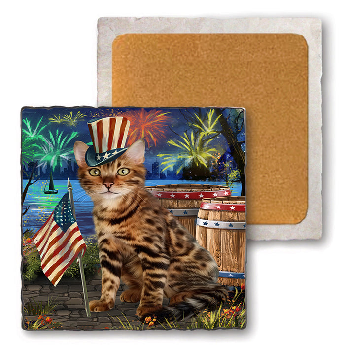 4th of July Independence Day Firework Bengal Cat Set of 4 Natural Stone Marble Tile Coasters MCST49032