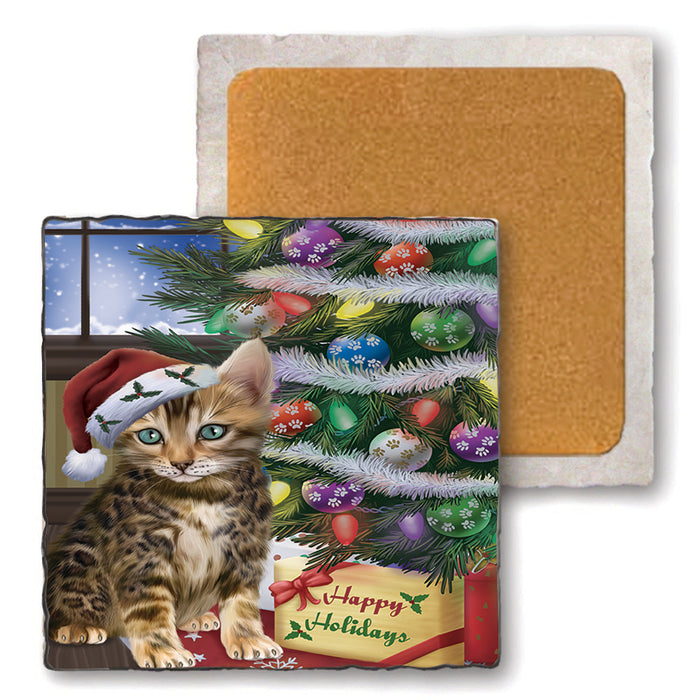 Christmas Happy Holidays Bengal Cat with Tree and Presents Set of 4 Natural Stone Marble Tile Coasters MCST48440