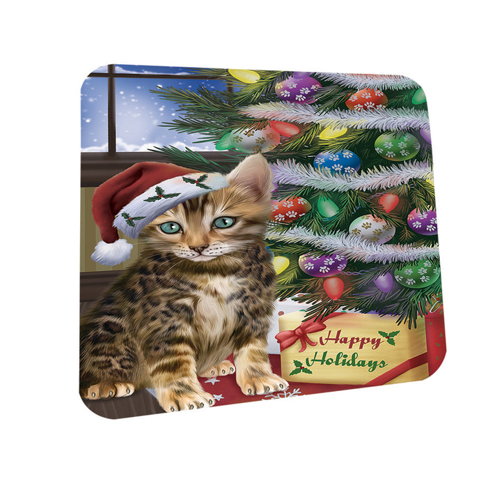 Christmas Happy Holidays Bengal Cat with Tree and Presents Coasters Set of 4 CST53398