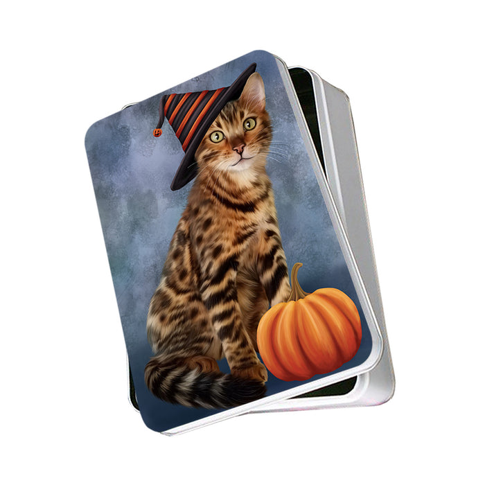 Happy Halloween Bengal Cat Wearing Witch Hat with Pumpkin Photo Storage Tin PITN54657