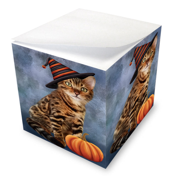 Happy Halloween Bengal Cat Wearing Witch Hat with Pumpkin Note Cube NOC56360