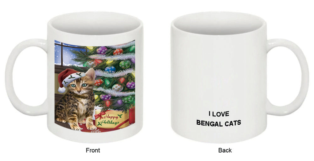 Christmas Happy Holidays Bengal Cat with Tree and Presents Coffee Mug MUG48838