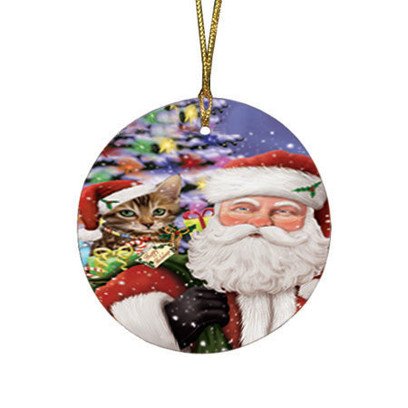 Santa Carrying Bengal Cat and Christmas Presents Round Flat Christmas Ornament RFPOR53662
