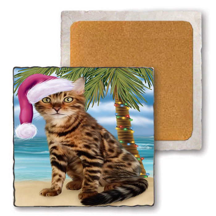 Summertime Happy Holidays Christmas Bengal Cat on Tropical Island Beach Set of 4 Natural Stone Marble Tile Coasters MCST49406