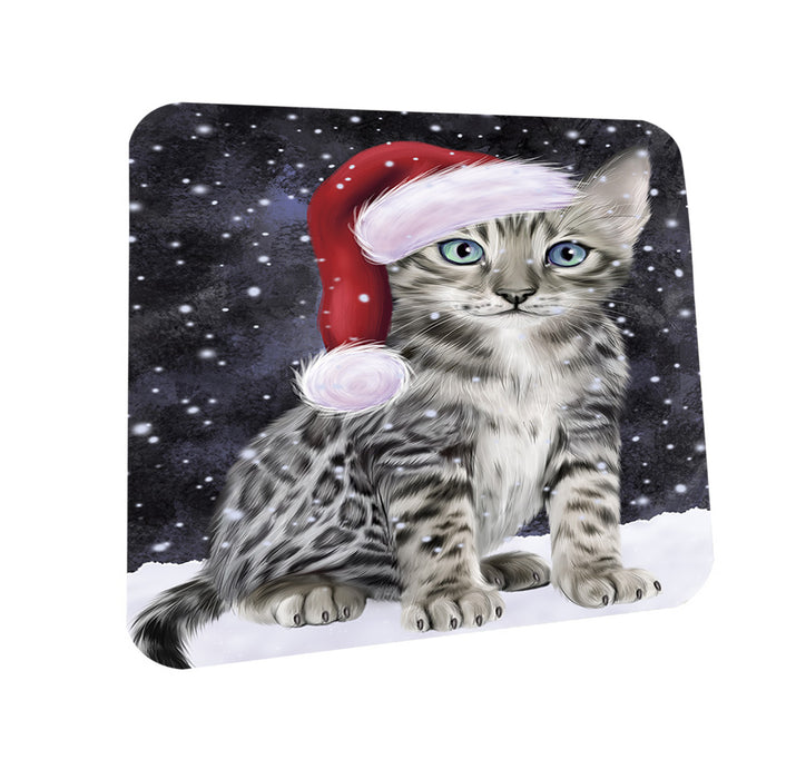 Let it Snow Christmas Holiday Bengal Cat Wearing Santa Hat Coasters Set of 4 CST54235