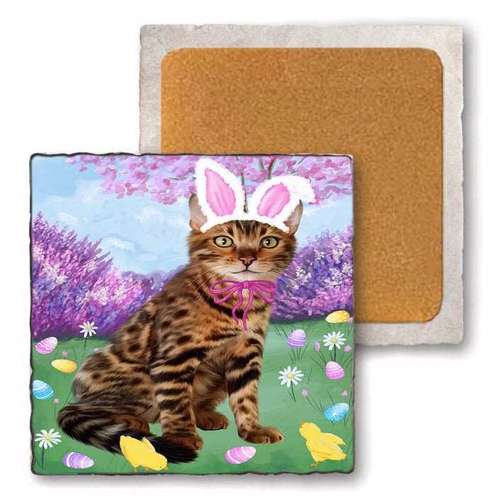 Easter Holiday Bengal Cat Set of 4 Natural Stone Marble Tile Coasters MCST51873