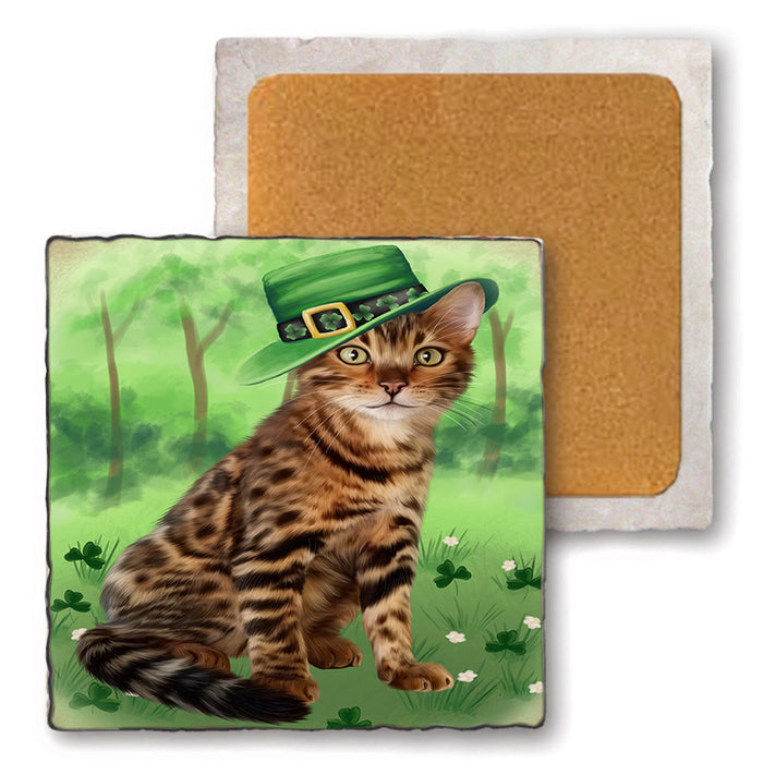 St. Patricks Day Irish Portrait Bengal Cat Set of 4 Natural Stone Marble Tile Coasters MCST51977