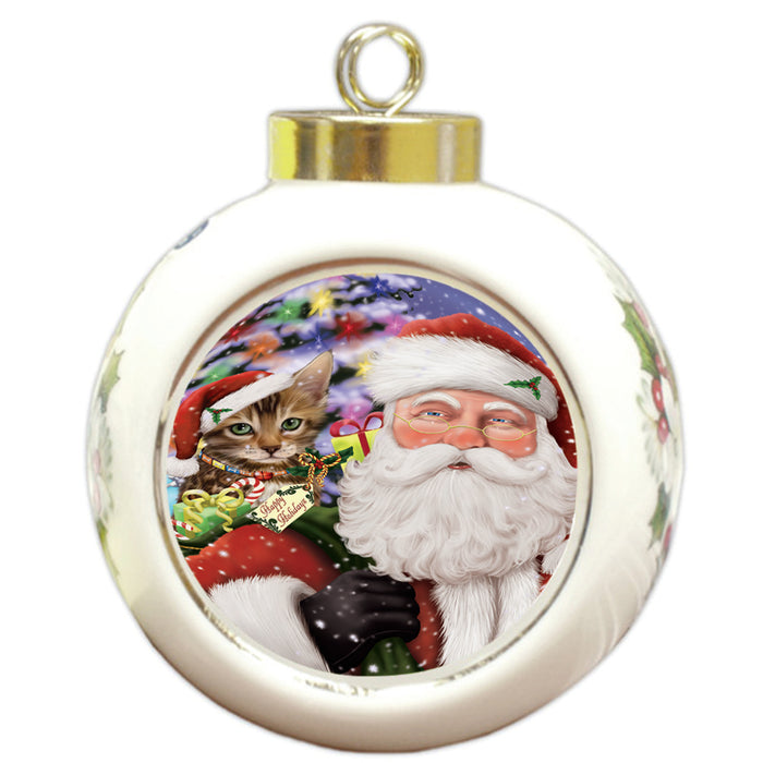 Santa Carrying Bengal Cat and Christmas Presents Round Ball Christmas Ornament RBPOR53671